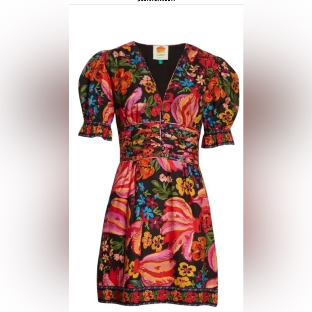 FARM Rio Black Floral Puff-Sleeve Midi Dress with Pink, Orange & Yellow Bloom